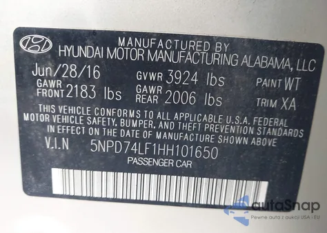 2017 Hyundai Elantra Se from USA, damaged, VIN 5NPD74LF1HH101650